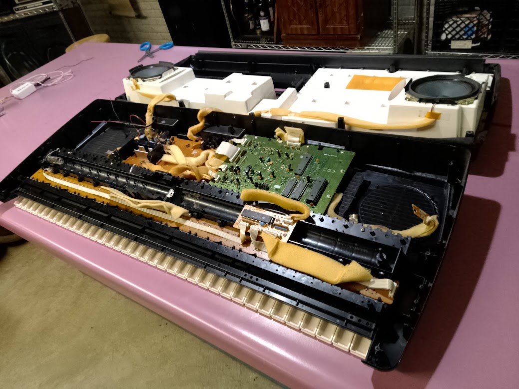 Yamaha keyboard fully disassembled — ribbon cables, PCB, speakers