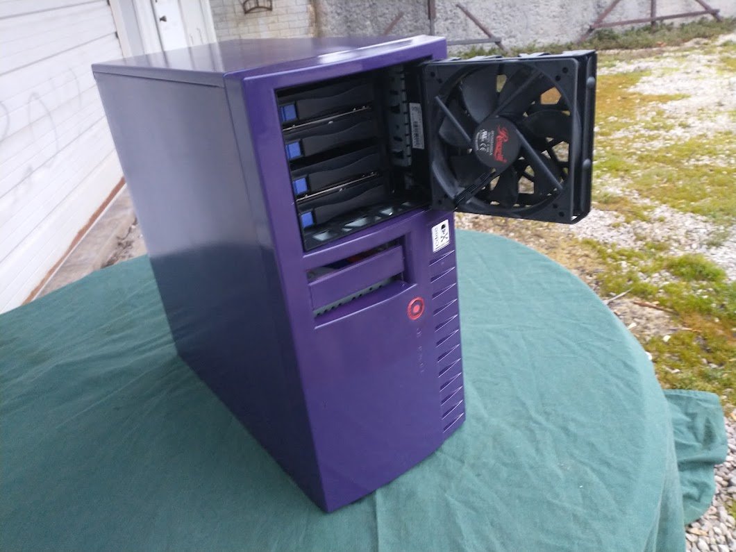 Purple painted tower — Linux file storage server