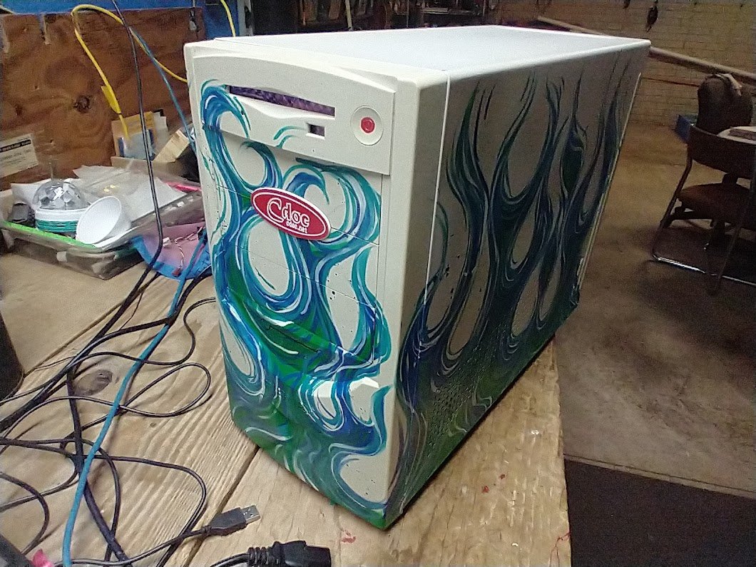 Blue green swirl flame painted tower — Cdoc test rig