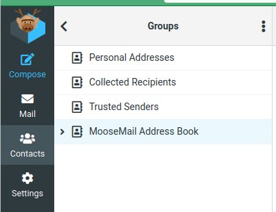 WebMoose Contacts showing four address books including MooseMail Address Book