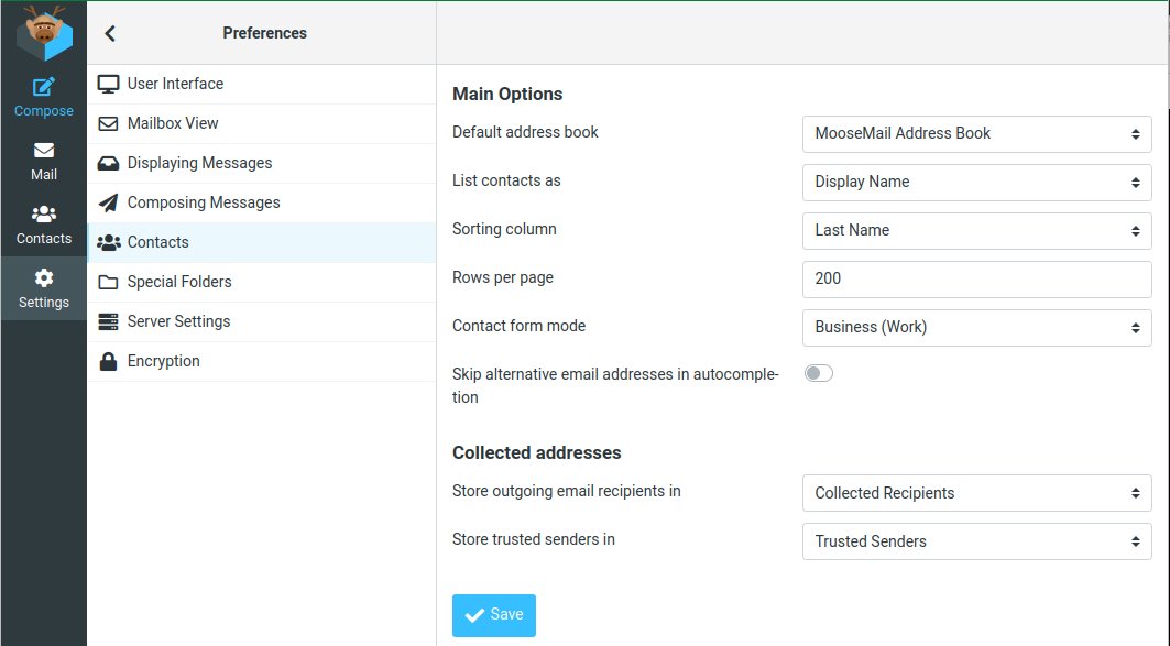 WebMoose Preferences Contacts panel showing Default address book set to MooseMail Address Book